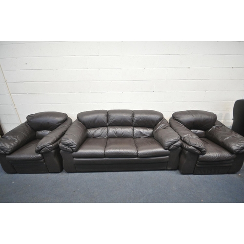 1300 - A BROWN LEATHER THREE PIECE LOUNGE SUITE, comprising a three seater sofa, length 204cm, and a pair o... 