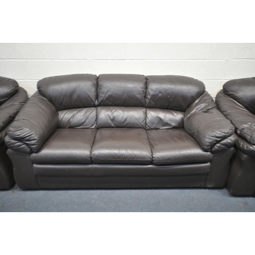 1300 - A BROWN LEATHER THREE PIECE LOUNGE SUITE, comprising a three seater sofa, length 204cm, and a pair o... 