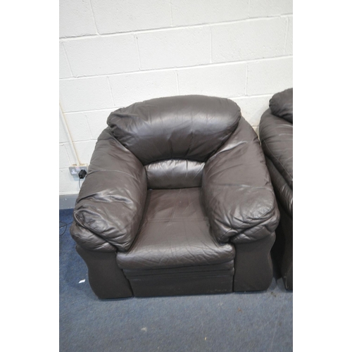 1300 - A BROWN LEATHER THREE PIECE LOUNGE SUITE, comprising a three seater sofa, length 204cm, and a pair o... 