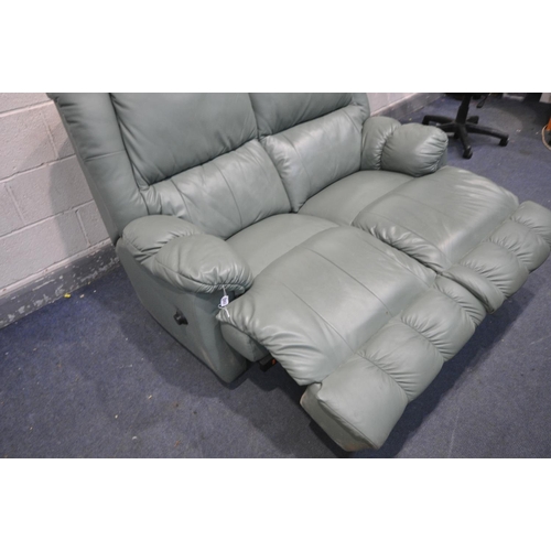 1302 - A GREEN LEATHER TWO SEATER MANUAL RECLINING SOFA, length 156cm (condition - some dirt marks)