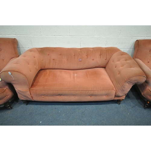 1307 - AN EDWARDIAN THREE PIECE LOUNGE SUITE, comprising a chesterfield style drop end three seater sofa, a... 