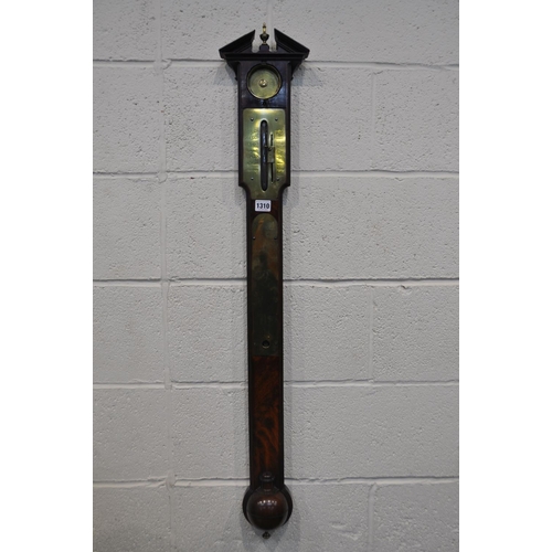 1310 - A THOMAS HEATH AND TYCHO WING MAHOGANY STICK CISTERN BAROMETER, English circa 1770, signed Heath & W... 