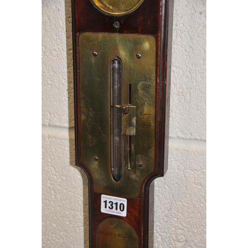 1310 - A THOMAS HEATH AND TYCHO WING MAHOGANY STICK CISTERN BAROMETER, English circa 1770, signed Heath & W... 