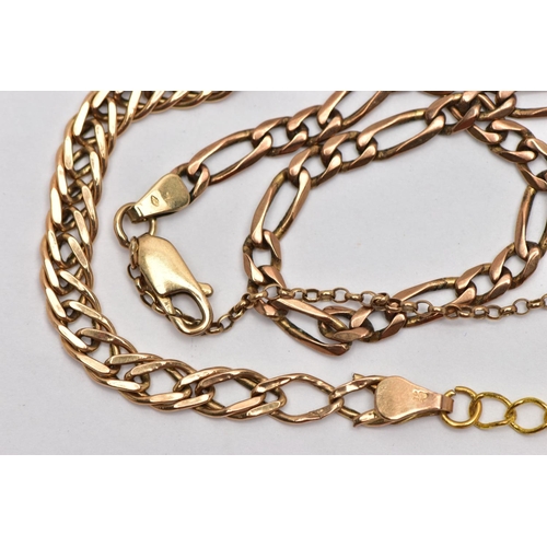 10 - TWO 9CT YELLOW GOLD BRACELETS, to include a flat double curb link bracelet, with a later added base ... 