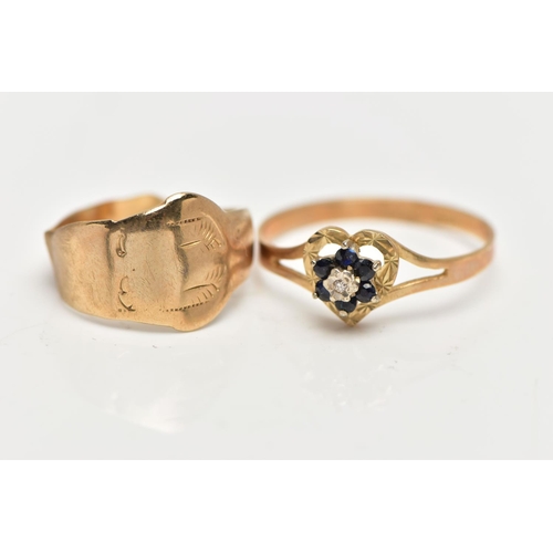 11 - TWO 9CT YELLOW GOLD RINGS, to include a diamond and sapphire cluster ring, hallmarked Birmingham 198... 