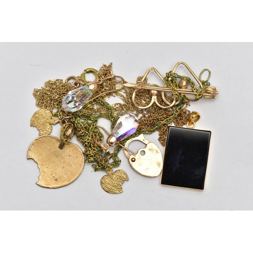 12 - ASSORTED 9CT GOLD AND YELLOW METAL JEWELLERY, to include a fine 9ct gold Spiga chain, hallmarked 9ct... 