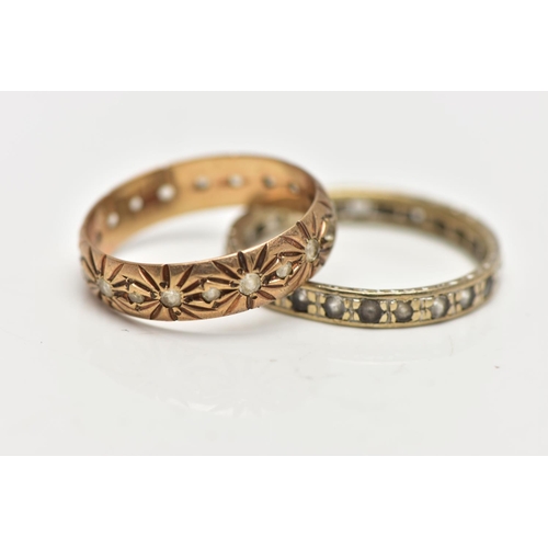 13 - TWO 9CT GOLD RINGS, the first a floral patterned band ring, flush set with circular cut spinel stone... 