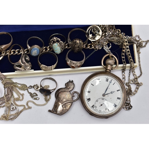 14 - AN ASSORTMENT OF SILVER AND WHITE METAL JEWELLERY, to include a silver buckle ring, a silver cat bro... 