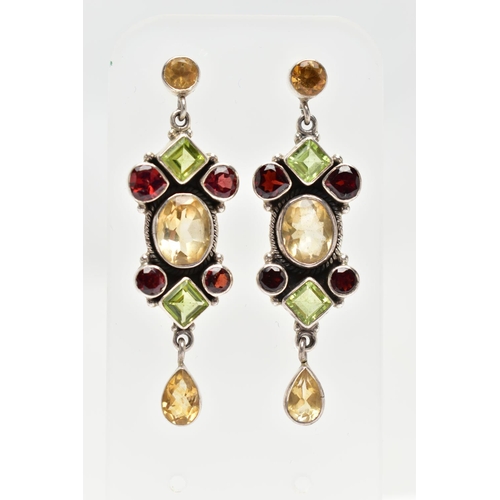 16 - A PAIR OF WHITE METAL GEMSET EARRINGS, a pair of white metal drop earrings set with garnet, peridot ... 