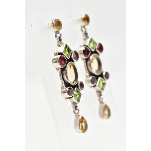 16 - A PAIR OF WHITE METAL GEMSET EARRINGS, a pair of white metal drop earrings set with garnet, peridot ... 