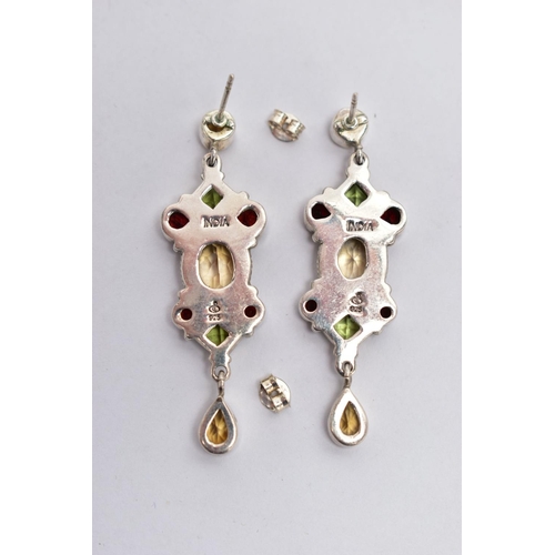 16 - A PAIR OF WHITE METAL GEMSET EARRINGS, a pair of white metal drop earrings set with garnet, peridot ... 