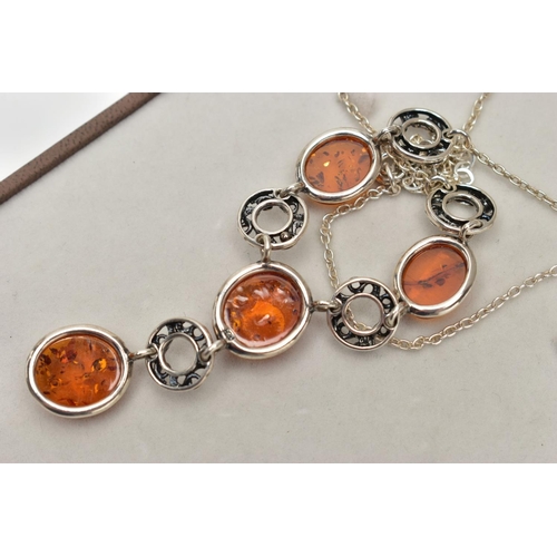 19 - A COPAL AMBER NECKLACE, four oval copal amber stones collet set in a white metal necklet, interspace... 