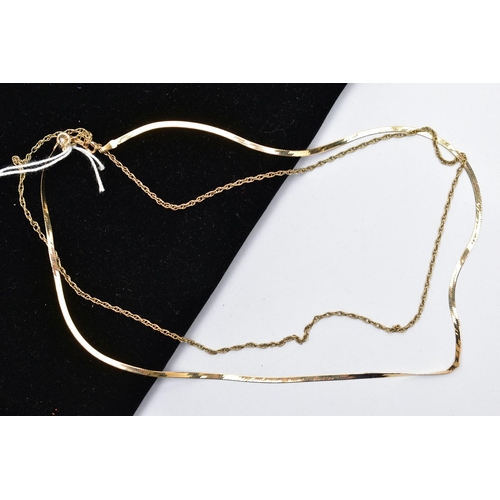 2 - TWO 9CT GOLD CHAIN NECKLACES, the first a yellow gold herring bone V-shape necklace, fitted with a s... 