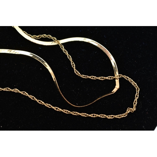 2 - TWO 9CT GOLD CHAIN NECKLACES, the first a yellow gold herring bone V-shape necklace, fitted with a s... 