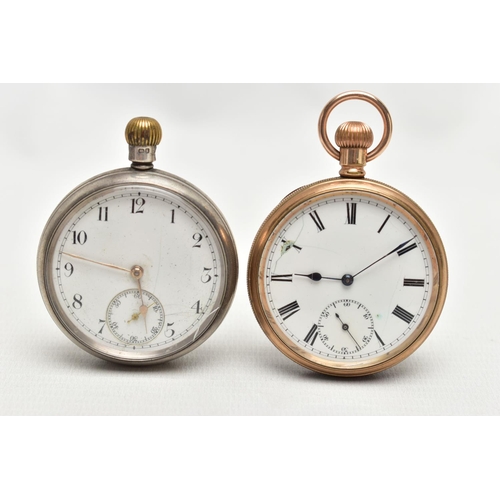 21 - TWO OPEN FACE POCKET WATCHES, the first a gold plated pocket watch, hand wound movement, Roman numer... 