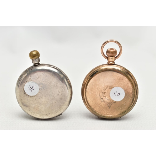 21 - TWO OPEN FACE POCKET WATCHES, the first a gold plated pocket watch, hand wound movement, Roman numer... 