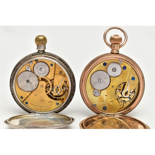 21 - TWO OPEN FACE POCKET WATCHES, the first a gold plated pocket watch, hand wound movement, Roman numer... 