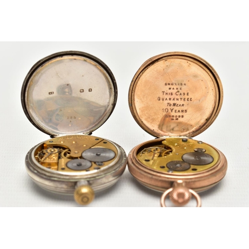 21 - TWO OPEN FACE POCKET WATCHES, the first a gold plated pocket watch, hand wound movement, Roman numer... 