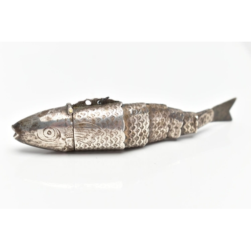 24 - A WHITE METAL VINAIGRETTE, novelty vinaigrette in the form of an articulated fish, approximate lengt... 