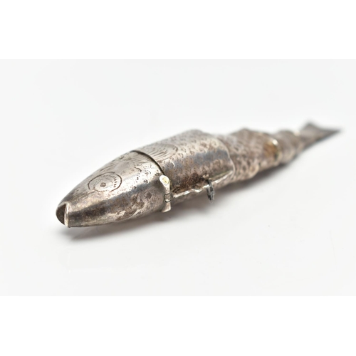 24 - A WHITE METAL VINAIGRETTE, novelty vinaigrette in the form of an articulated fish, approximate lengt... 