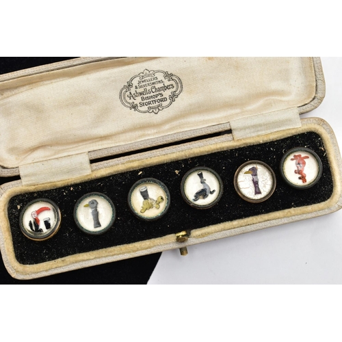 26 - A CASED SET OF SIX GUINNESS DRESS STUDS, six advertising dress studs depicting a seal, tortoise, two... 