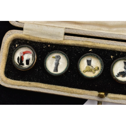 26 - A CASED SET OF SIX GUINNESS DRESS STUDS, six advertising dress studs depicting a seal, tortoise, two... 