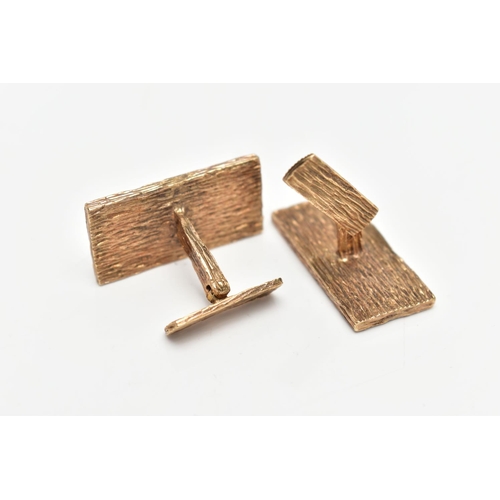 28 - A PAIR OF 9CT ROSE GOLD CUFFLINKS, rectangular in form with bark effect design, approximate dimensio... 