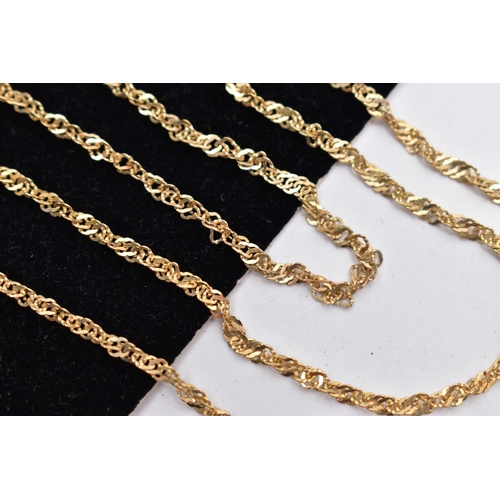 3 - TWO 9CT GOLD SINGAPORE CHAINS, the first a yellow gold Singapore chain necklace, fitted with a sprin... 