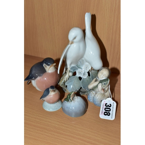 308 - FIVE ROYAL COPENHAGEN FIGURES, comprising a mermaid holding a fish no 2348 height 6.5cm, a figure gr... 