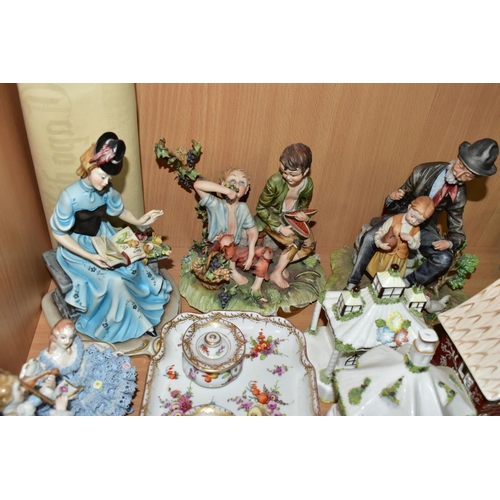 316 - A GROUP OF CERAMICS, comprising an MZ Irish Dresden 'Serenade' figure group, a hand painted double i... 