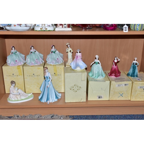 317 - TEN COALPORT FIGURINES, of which eight Debutantes are boxed: Cinderella's Ball Debutante of the Year... 