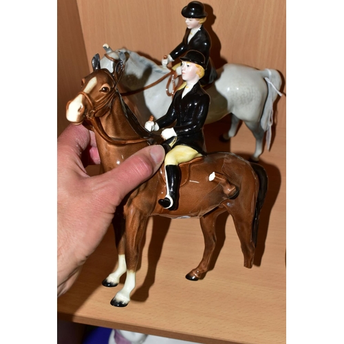 328 - TWO BESWICK HUNTSWOMAN FIGURINES, model no 1730, one has a grey horse, the other brown, height 21cm ... 