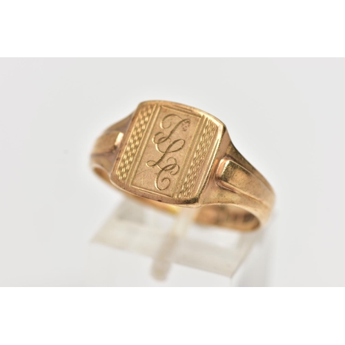 33 - A 9CT GOLD SIGNET RING, of a square form with engraved initials and engine turned pattern, textured ... 