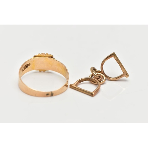 34 - A LATE VICTORIAN 15CT GOLD RING AND A 9CT GOLD CHARM, the AF ring designed with a wavy square head s... 