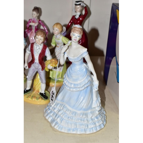 343 - TWELVE UNBOXED CERAMIC FIGURINES AND FIGURES, comprising three Coalport Ladies of Fashion - Donna, B... 