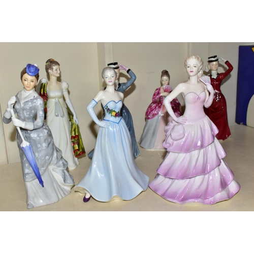 343 - TWELVE UNBOXED CERAMIC FIGURINES AND FIGURES, comprising three Coalport Ladies of Fashion - Donna, B... 