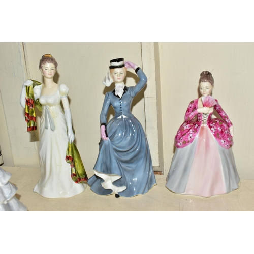 343 - TWELVE UNBOXED CERAMIC FIGURINES AND FIGURES, comprising three Coalport Ladies of Fashion - Donna, B... 