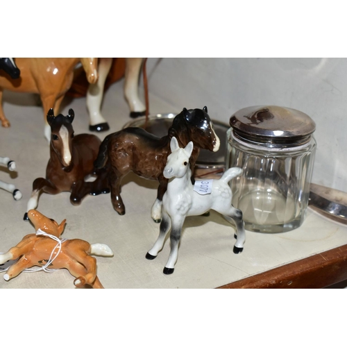 345 - A COLLECTION OF BESWICK HORSES ETC, to include three Foal 763 third versions in Brown, Palomino (mis... 