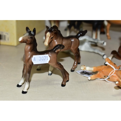 345 - A COLLECTION OF BESWICK HORSES ETC, to include three Foal 763 third versions in Brown, Palomino (mis... 