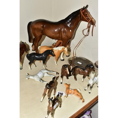 345 - A COLLECTION OF BESWICK HORSES ETC, to include three Foal 763 third versions in Brown, Palomino (mis... 