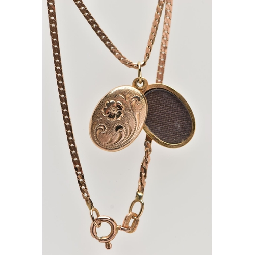 36 - A 9CT GOLD LOCKET PENDANT NECKLACE, the locket of an oval form decorated with an engraved floral pat... 