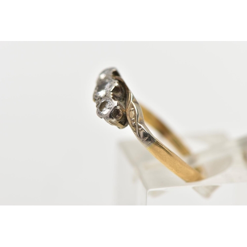 4 - A MID 20TH CENTURY WHITE AND YELLOW METAL DIAMOND THREE STONE RING, set with graduating round brilli... 