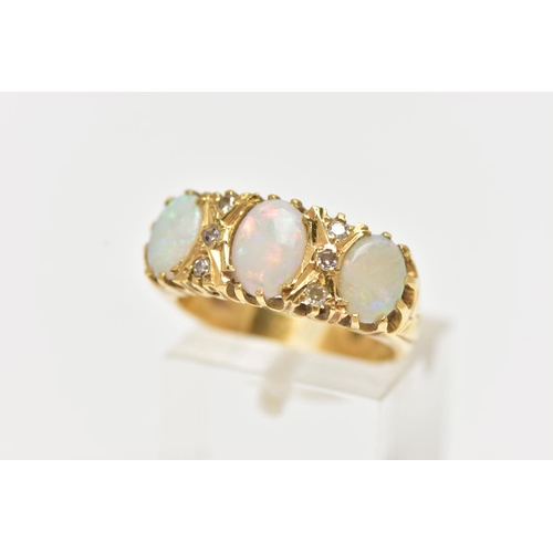 42 - AN OPAL AND DIAMOND RING, set with three oval opal cabochons, interspaced by six single cut diamond ... 