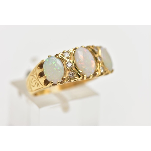 42 - AN OPAL AND DIAMOND RING, set with three oval opal cabochons, interspaced by six single cut diamond ... 