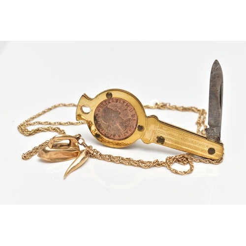 43 - A YELLOW METAL NECKLACE, TWO YELLOW METAL CHARMS AND 'LUCKY FARTHING' PEN KNIFE, the necklace suspen... 