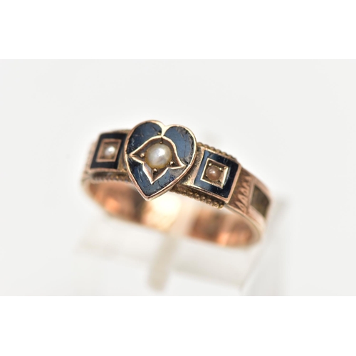 45 - A CASED LATE VICTORIAN 9CT GOLD BLACK ENAMEL MOURNING RING, designed as a black enamel heart with se... 