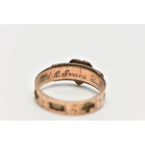 45 - A CASED LATE VICTORIAN 9CT GOLD BLACK ENAMEL MOURNING RING, designed as a black enamel heart with se... 