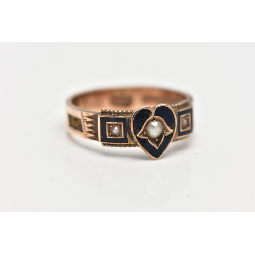 45 - A CASED LATE VICTORIAN 9CT GOLD BLACK ENAMEL MOURNING RING, designed as a black enamel heart with se... 