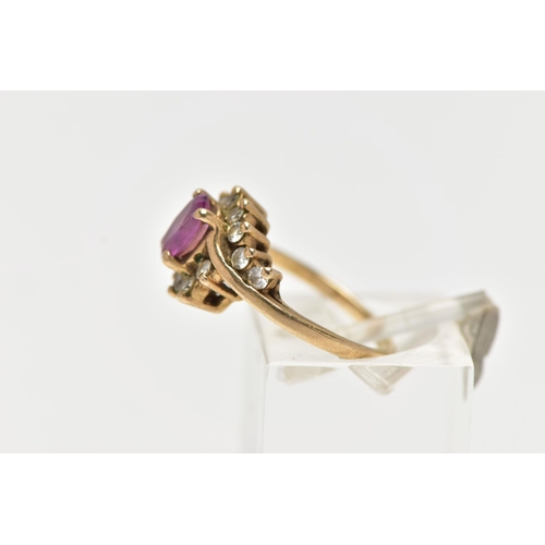 48 - A 9CT GOLD RUBY AND DIAMOND RING, centring on an oval cut ruby, in a four claw setting, with single ... 