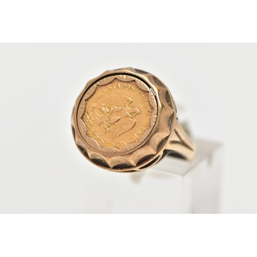 5 - A 9CT GOLD MEXIAN COIN RING, a 1945 Dos Pesos Mexican coin set within a domed yellow gold mount, ope... 